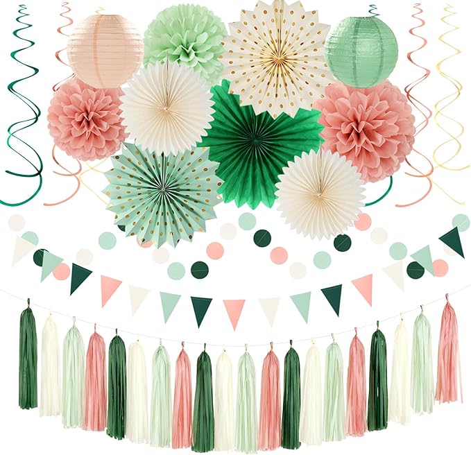 Sage-Olive Green Pink-Beige Boho Party-Decorations by Hugtmr