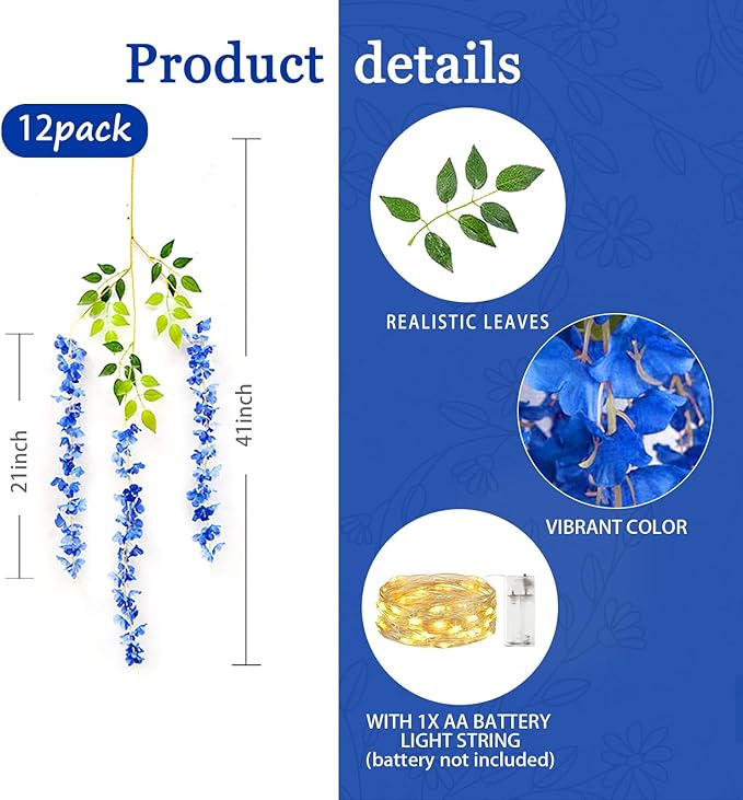 12 Pack Royal Blue Wisteria Hanging Flowers Garland - Image 2