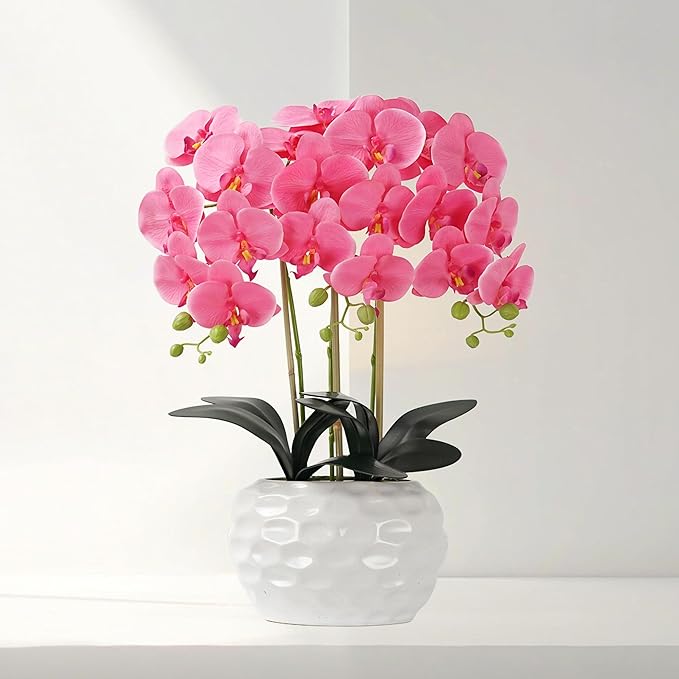 Orchid Artificial Flowers with White Vase Large Silk Faux Phalaenopsis Flowers - Image 3
