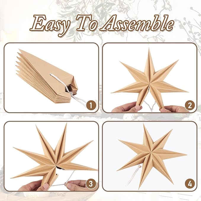 3PCS 12inch 7-Pointed Natural Paper Star Landerns Hanging Decoration Set - Image 2