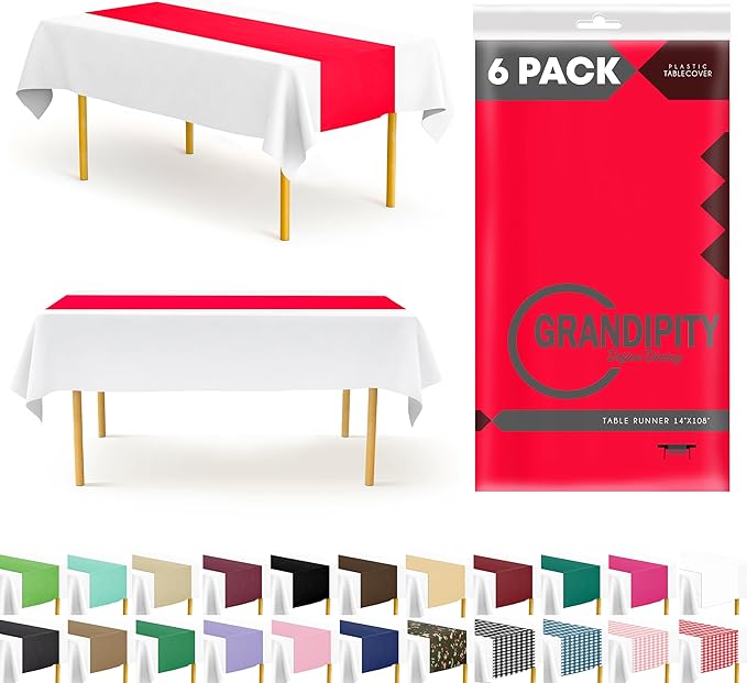 Red 6 Pack Premium Disposable Plastic Table Runner 14 x 108 Inch. Table Runner by Grandipity