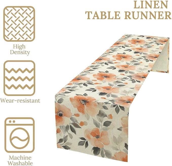 Floral Fall Table Runner, Rustic Watercolor Orange Flowers Seasonal Summer - Image 3