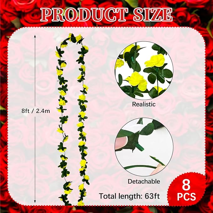 8Pcs 63Ft Yellow Rose Garland, Fake Rose Hanging Flowers, Artificial Flower Vine - Image 2