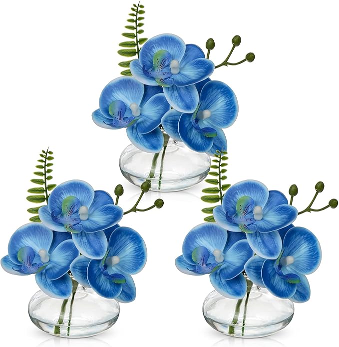 Blue Orchids Artificial Flowers Faux Orchids Arrangement in Clear Glass Vases by Oairse
