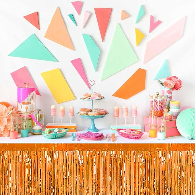 3 Pack Orange Foil Fringe Table Skirts Metallic Tinsel Streamers Garland Banner - Image 4
