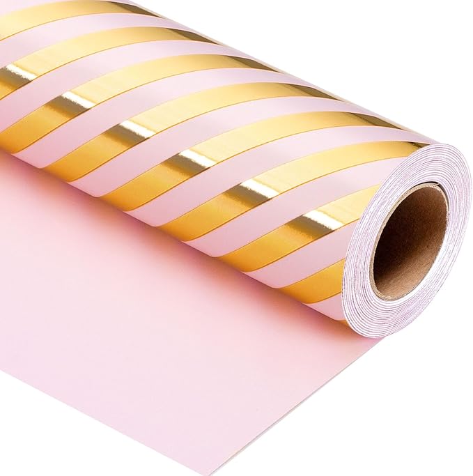 Burymento Pink and Gold Stripes Wrapping Paper, Reversible Pink Gift Wrap by BurymentoisaprofessionalwrappingpaperbrandThewrappingpaperismadeofkraftpaperpearlescentmatteglossyglitterbrushedlaserandothermaterialsdouble-sidedprintingbackcuttingandotherdetailsOriginalpatternscarefullymadewrappingpaperbrand