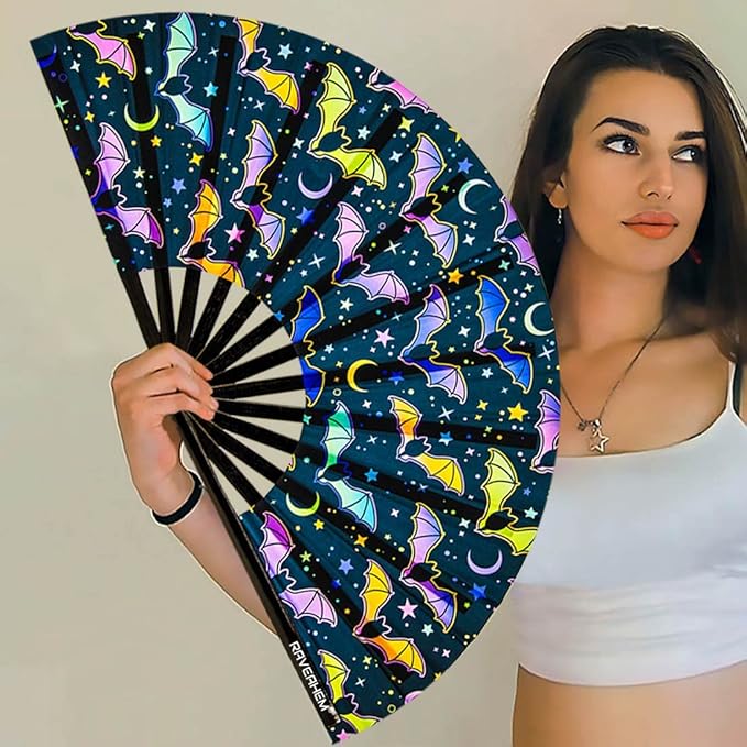UV Glow Rave Fan, Bamboo Folding Clack Hand Fan - Image 3