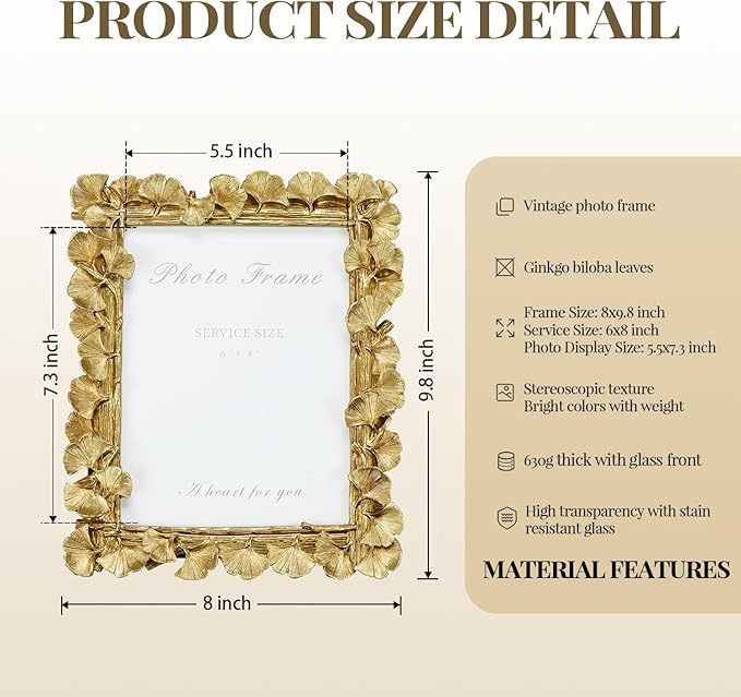 Cuspin 6x8 Picture Frame Gold, Vintage Ornate Leaf Textured Hand-Crafted Resin - Image 3