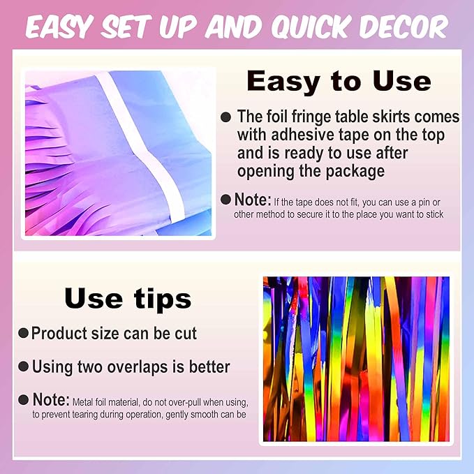 3 Pack Rainbow Foil Fringe Table Skirts Metallic Tinsel Streamers Garland - Image 3