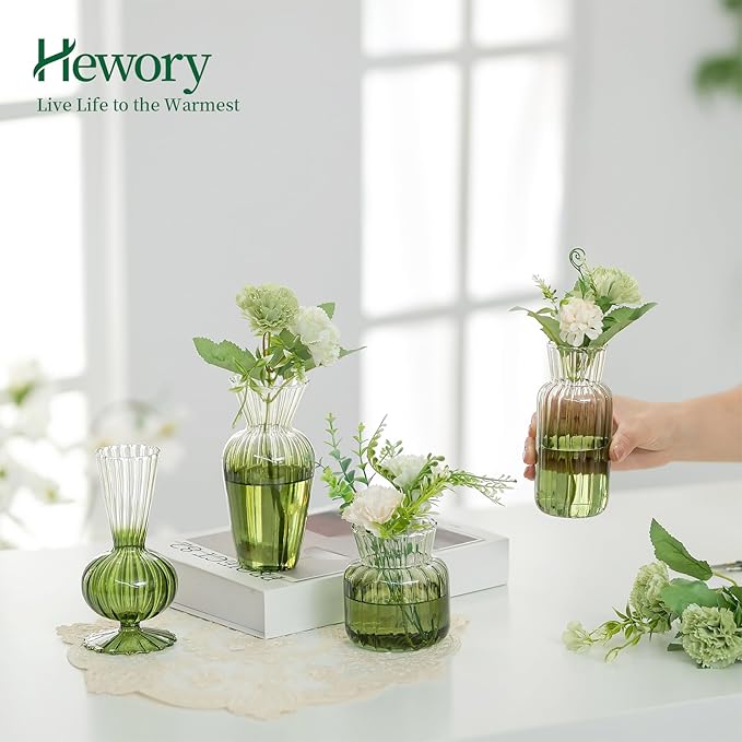 Hewory Small Ribbed Glass Bud Vases Set of 8 Green Flower Vase Centerpieces - Image 4