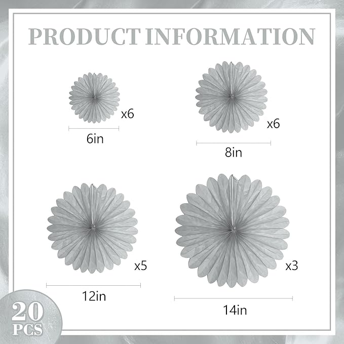 20 Pcs Silver Grey Hanging Paper Fan, Hanging Honeycomb Round Paper Fans - Image 2