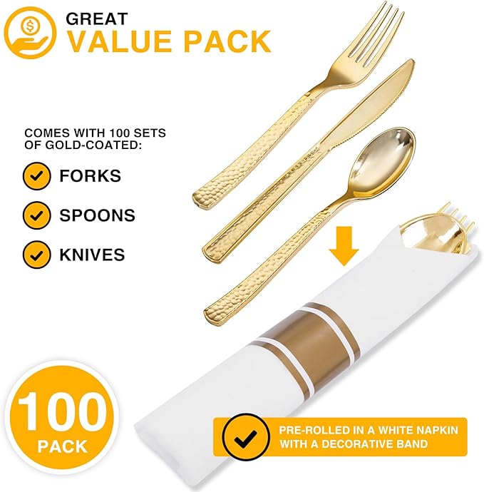 400PCS Pre Rolled Gold Plastic Silverware Sets - Image 4