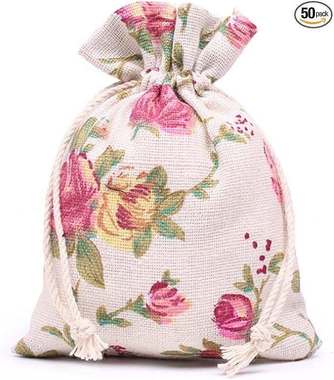 KUPOO 50PCS Rose Drawstring Bags Burlap Flower Pouch Bags Gift Bags Jewelry by KUPOO