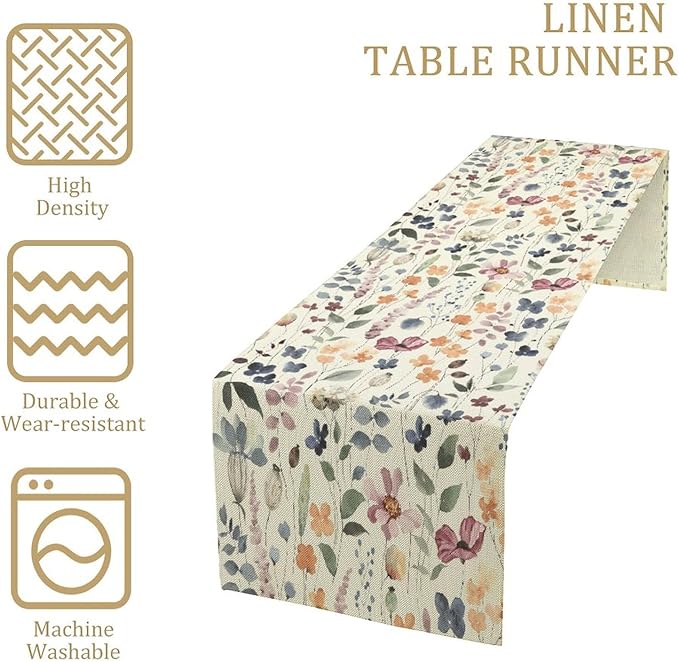 Watercolor Floral Table Runner, Vintage Colorful Floral Natural Style Pattern - Image 3