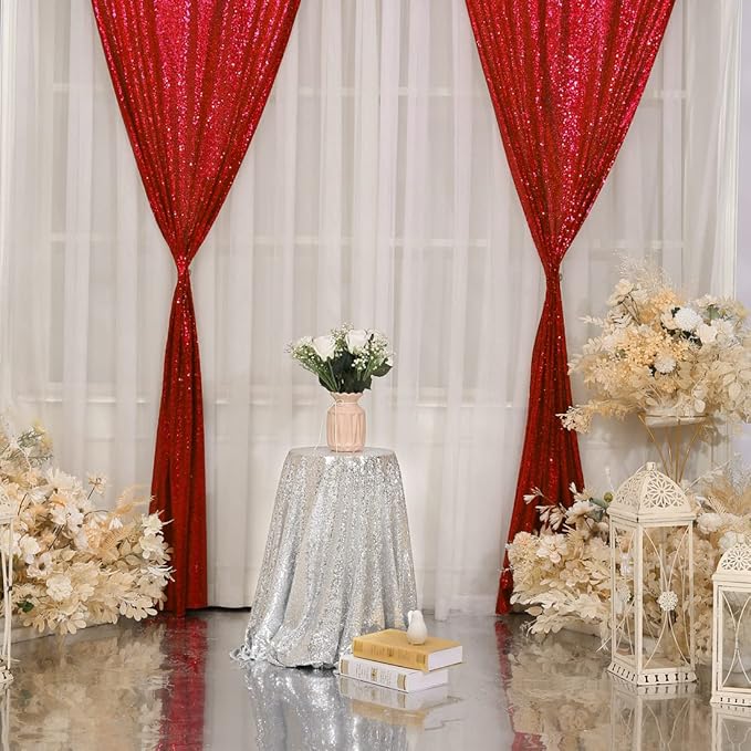 Red Sequin Backdrop Curtains, 2ft x 8ft Sequin Photography Backdrop Curtain 2 - Image 2