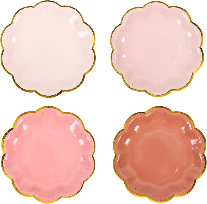 Dusty Pink Gradient Color Dessert Paper Plates 7 inch Gold Foil Scalloped Edge by AimFun