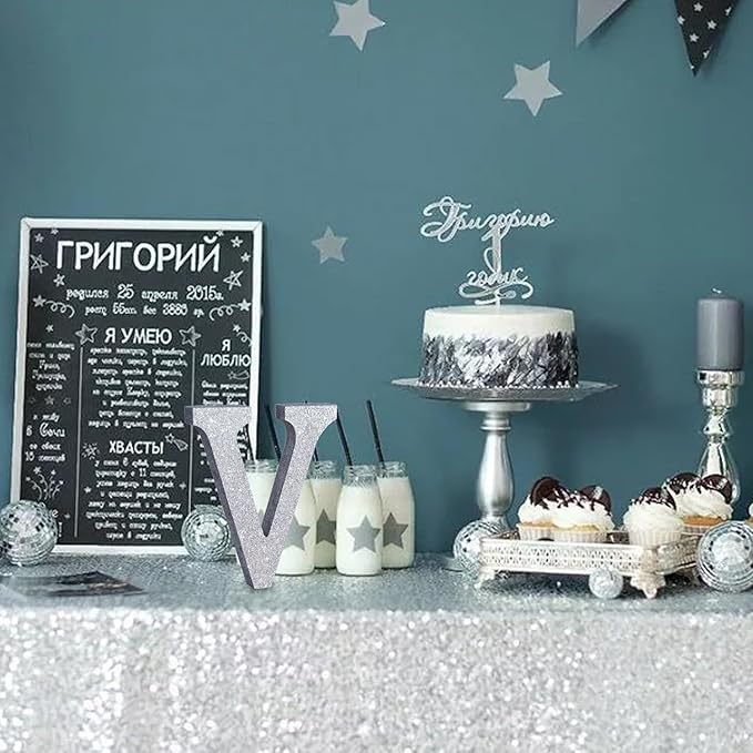 TONIFUL 8 Inch Silver Glitter Letter V Table Centerpiece A-Z Silver Birthday - Image 4