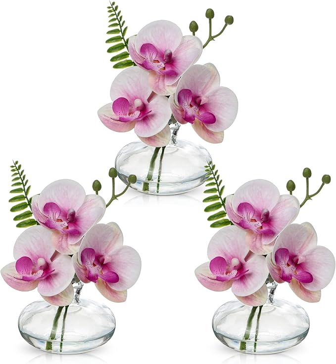 Pink Orchids Artificial Flowers Faux Orchids Arrangement in Clear Glass Vases by Oairse