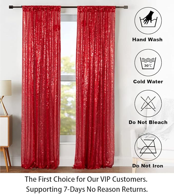 ShinyBeauty Sequin Curtains 2 Panels Red 2FTx8FT Sequin Photo Backdrop Red - Image 6