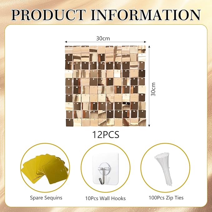 12PCS Champagne Shimmer Wall Backdrop, Square Sequin Photo Backdrops Panel - Image 2