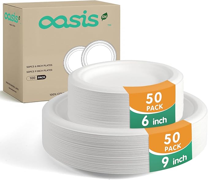 100-Pack Compostable Paper Plates Set – Includes 6" & 9" Heavy-Duty Sugarcane by Unknown