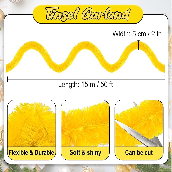 50 Feet Macaron Yellow Christmas Tinsel Garland, Metallic Foil Twist Banner - Image 2