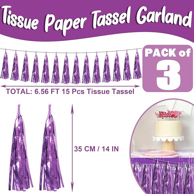 3P Light Purple Foil Fringe Metallic Tassel Streamers Banner Tassel Garland - Image 2