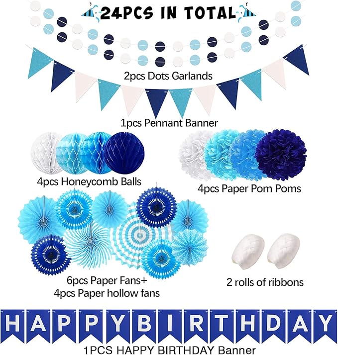 Navy Blue Birthday Party Decoration, Pom Poms Flowers, Garland String Polka Dot - Image 2