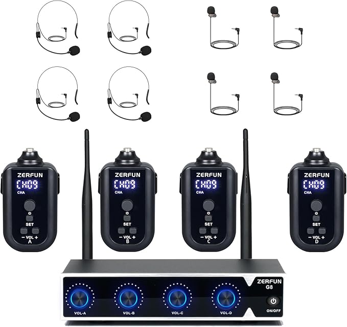 4 Channel Rechargeable Wireless Microphone System, Pro UHF Metal Headset by ZERFUN