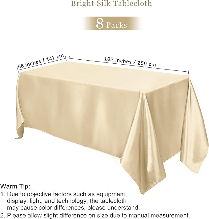 TURSTIN 8 Packs Champagne Satin Tablecloth 102 x 58 Inch Overlay Satin Table - Image 2