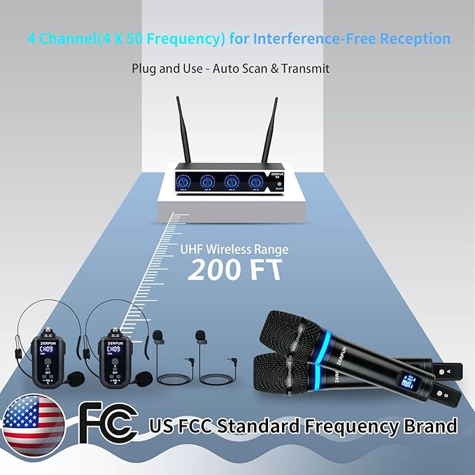4 Channel Rechargeable Wireless Microphone System, Pro UHF Metal Handheld - Image 8