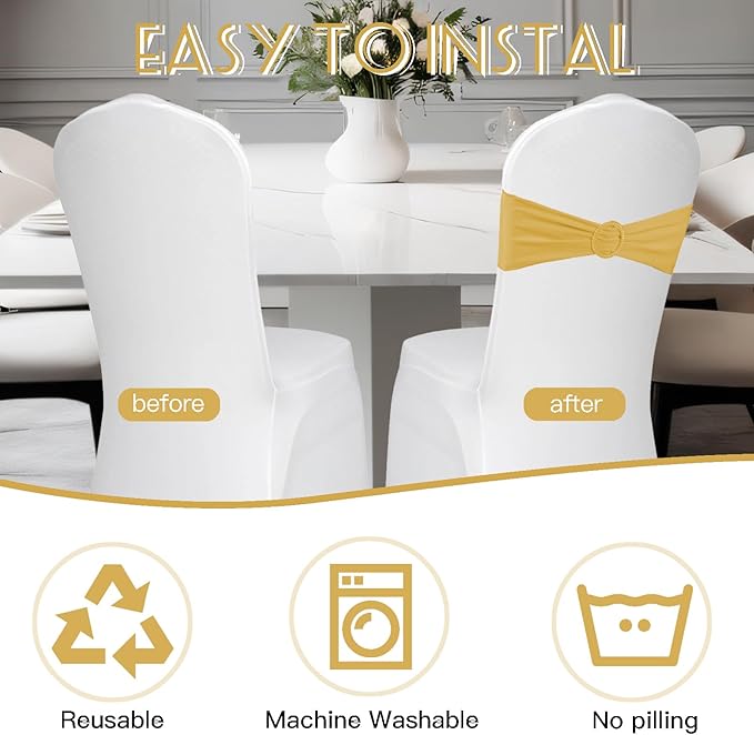 100PCS Spandex Stretch Gold Chair Sashes Bows Universal Elastic Chair Cover - Image 6