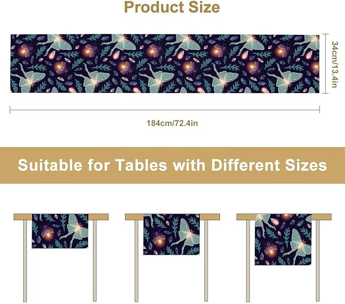 Moth Table Runner, Retro Boho Aesthetic Blue Moth Magic Table Runner - Image 7