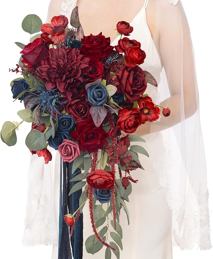Ling's moment Navy Blue Burgandy Bridal Bouquet Cascading, Jewel Tone Wedding by LingsMoment