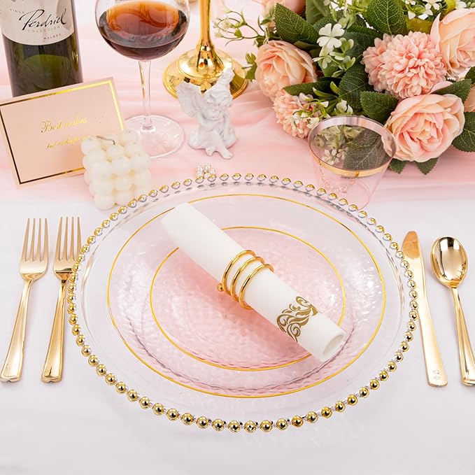 Rubtlamp 175 Pcs Pink Plastic Plates Dinnerware Set, Hammered Party Platos Set - Image 3