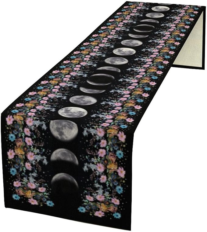 Boho Floral Moon Table Runner, Spring Flower Leaves Mystical Gothic Sun Moon by ShiTingYu