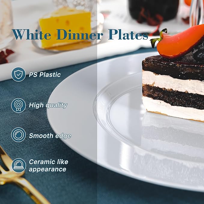 N9R 100PCS White Plastic Plates, 10.25inch Heavy Duty Plastic Disposable Plates - Image 3