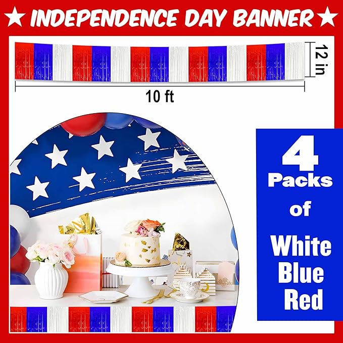 4 Pack 10 Ft White Blue Red Foil Fringe Garland Metallic Streamers Tinsel - Image 2