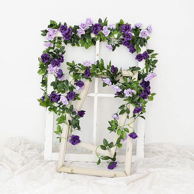 Veryhome 3PCS 23.7FT Artificial Purple Rose Flower Garland, Silk Hanging Floral - Image 3