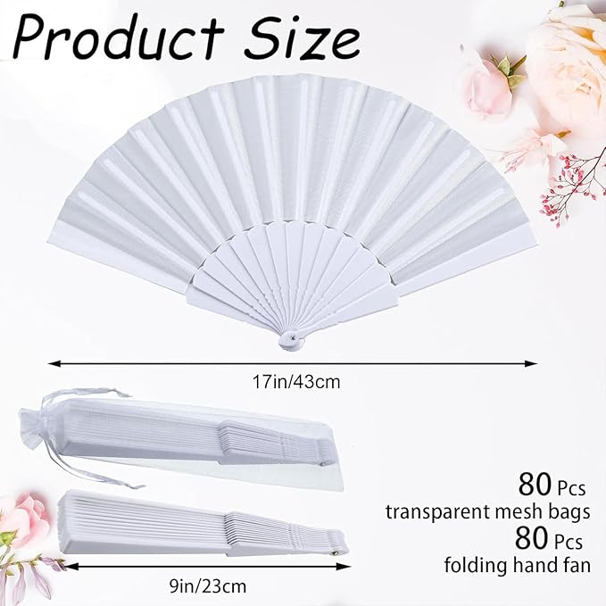 Wenqik 80 Pcs Wedding Folding Hand Fans Bulk Silk Fabric Chinese Handheld - Image 2