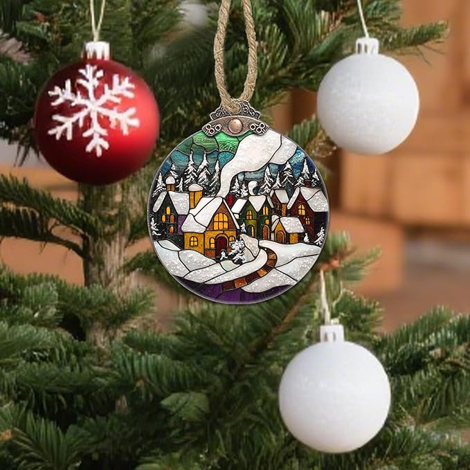 Stained Glass Christmas Decorations, Winter Snow Cabin Suncatcher - Image 4