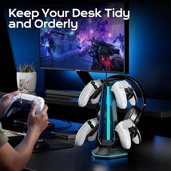 Saitake RGB Headset Stand with 9 Light Modes, Controller Holder - Image 6