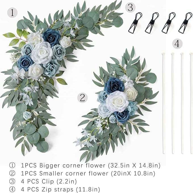 ponatia Wedding Arch Flowers, Artificial Dusty Blue Flowers & Welcome Signs - Image 4