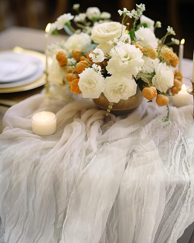 Ivory White Cheesecloth Table Runner 120 Inch, Boho Rustic Gauze 10 FT - Image 4