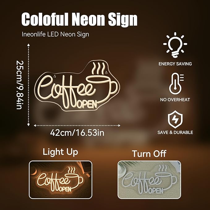 Ineonlife Coffee Open Neon Sign Light Up - Image 3
