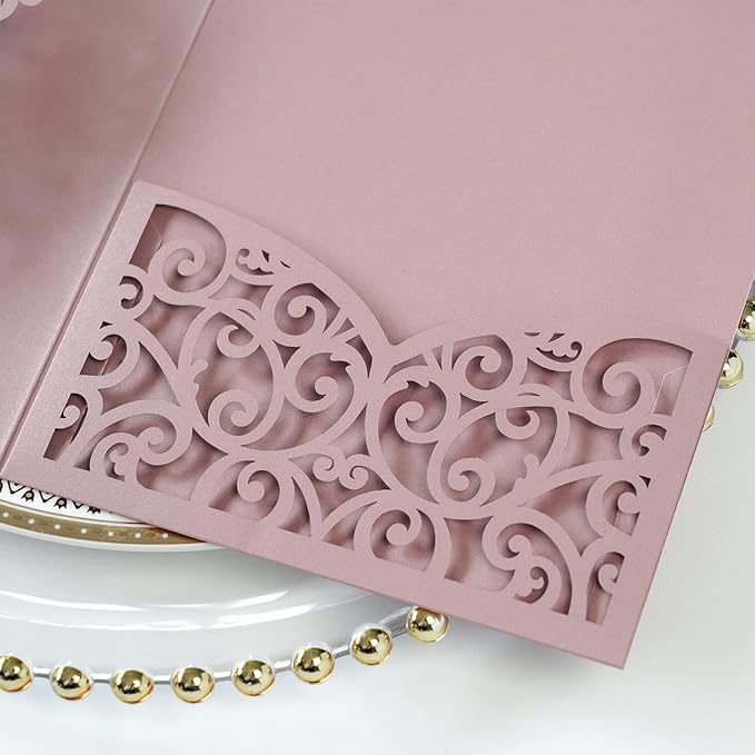 PONATIA 5.12 x 7.2 Dusty Rose Laser Cut Wedding Invitations, 5x7 Trifold Laser - Image 9
