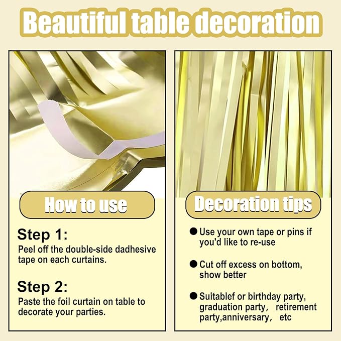 3 Pack 29 x108 Inch Light Gold Foil Fringe Table Skirts Metallic Banner - Image 3