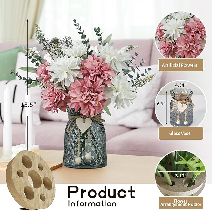Fake Flowers in Vase, 8 Dahlias, Silk Artificial Flowers in Vase, Faux Flowers - Image 3