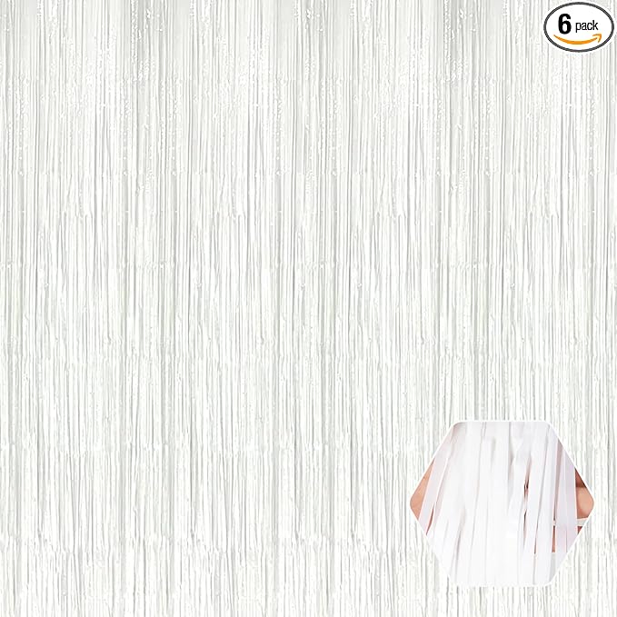 6 Pack White Foil Fringe Curtain Backdrop, 3.28Ft x 8.2Ft Metallic Tinsel Foil by Ferwzsr