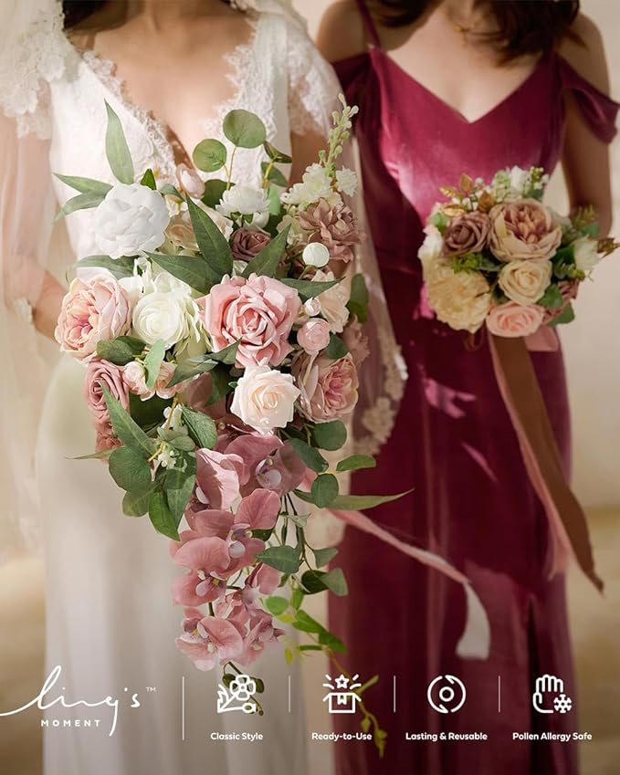 Ling's moment Dusty Rose Bridal Bouquet Cascading, 15 Inch Bride Bouquet - Image 4